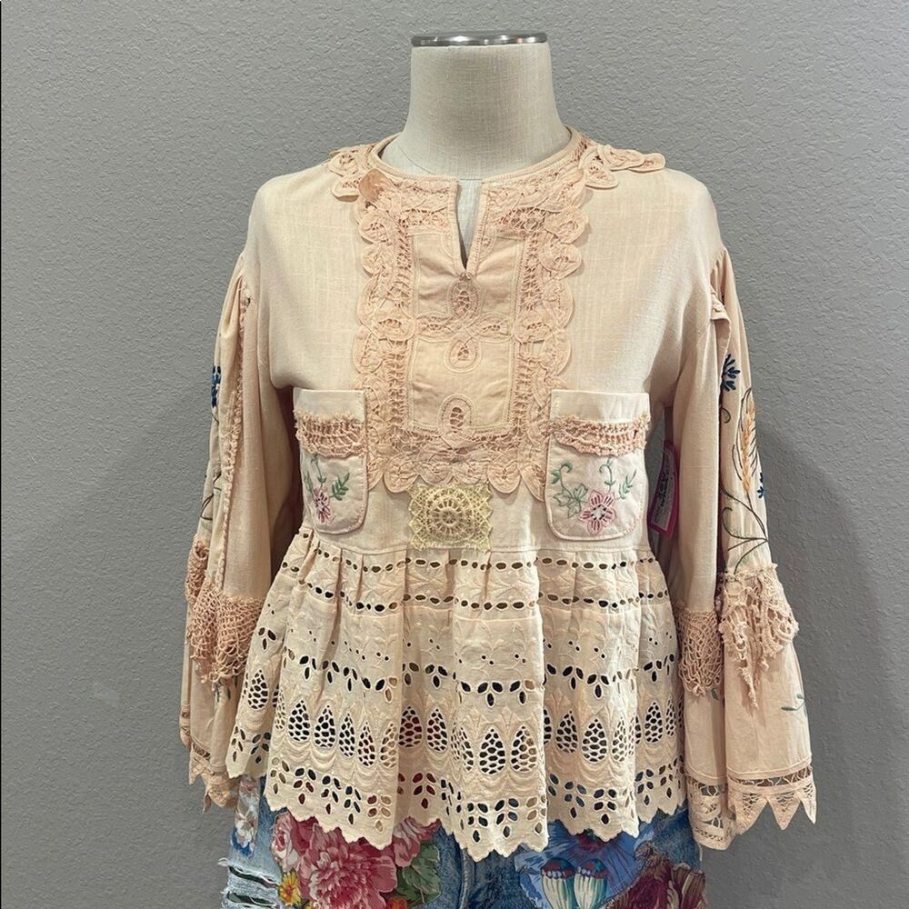 Upcycled boho top trimmed with vintage lace, size M